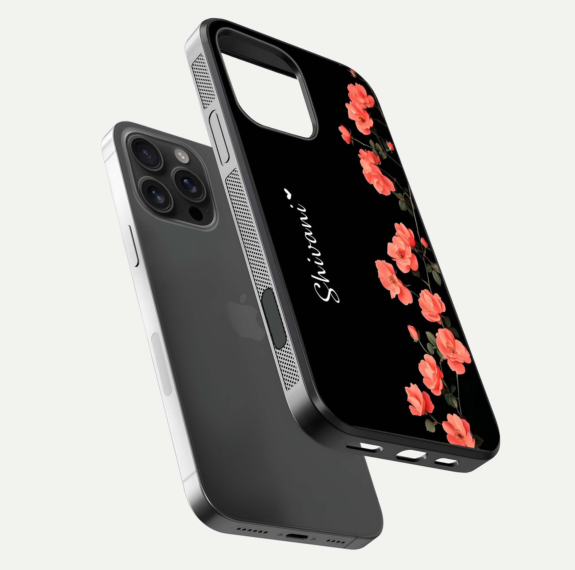 Crimson Bloom Grace Custom Name Glass Case for iPhone 16 Pro Max floating mockup showing HD gloss and floral tones