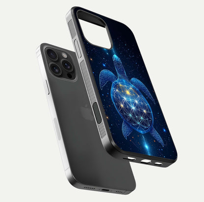Crimson Blue Turtle Glass Case for iPhone 16 Pro Max floating mockup showing reflection polish and deep hues