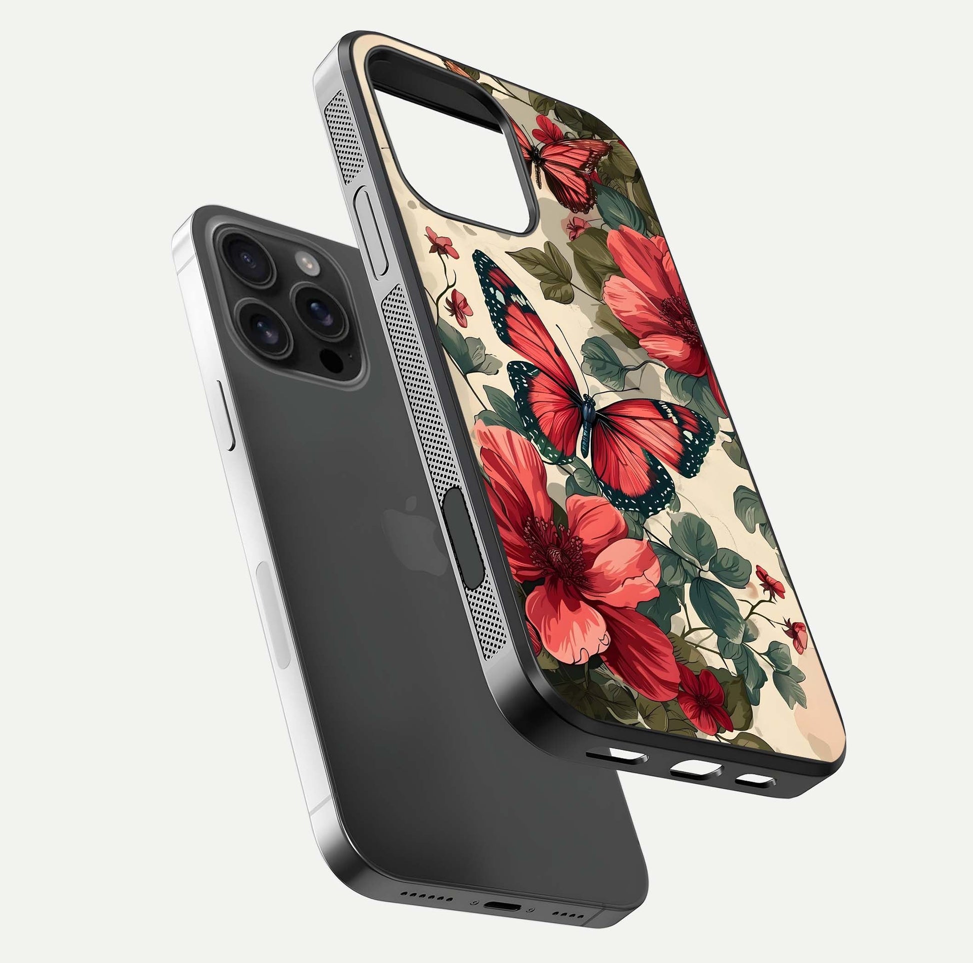 Crimson Butterfly Garden Glass Case for iPhone 16 Pro Max floating mockup showing HD gloss and vivid art