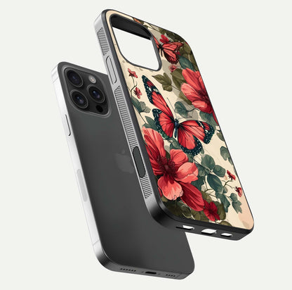 Crimson Butterfly Garden Glass Case for iPhone 16 Pro Max floating mockup showing HD gloss and vivid art
