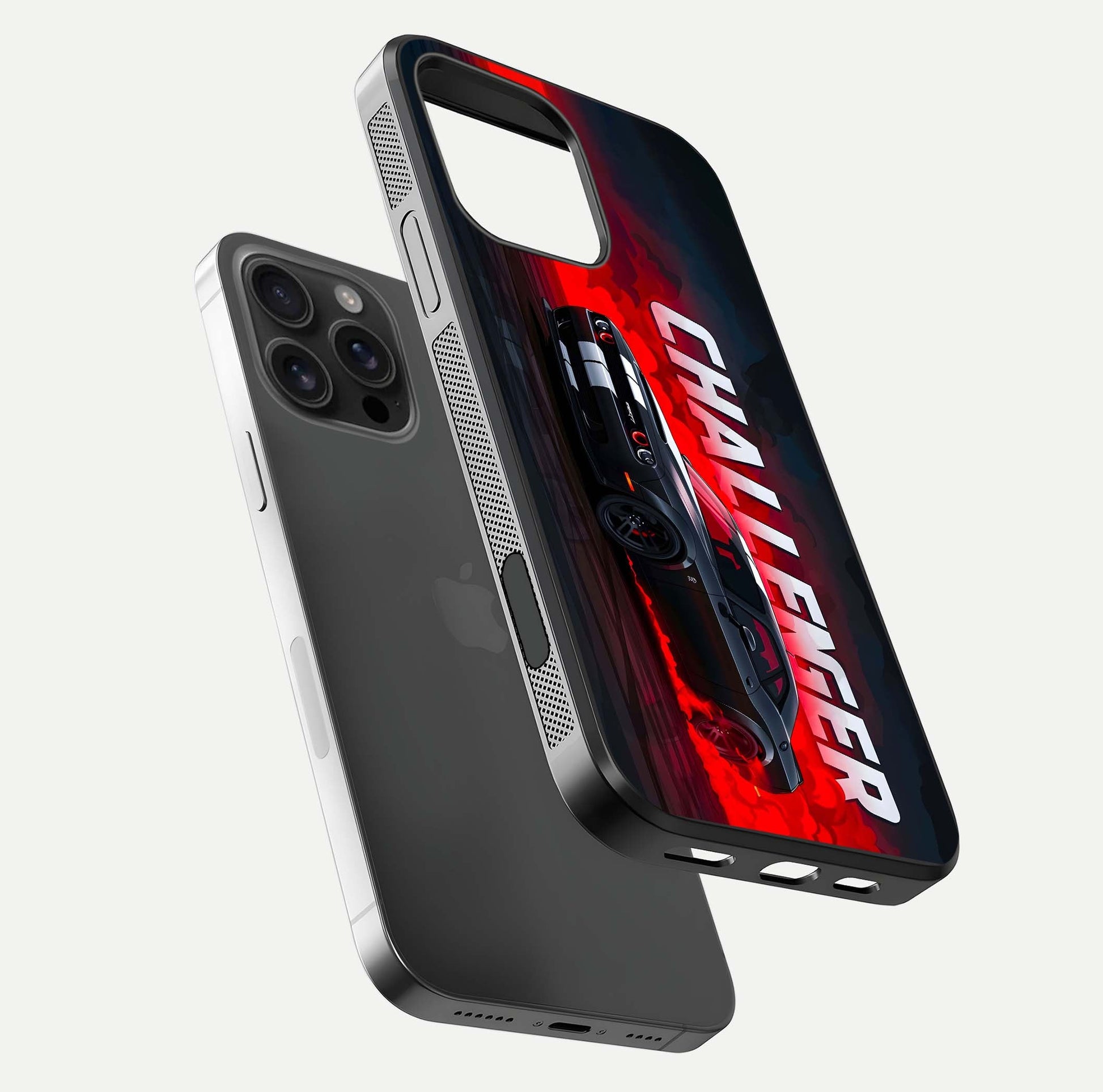 Crimson Challenger Fury Glass Case for iPhone 16 Pro Max floating mockup showing HD gloss and sleek shine