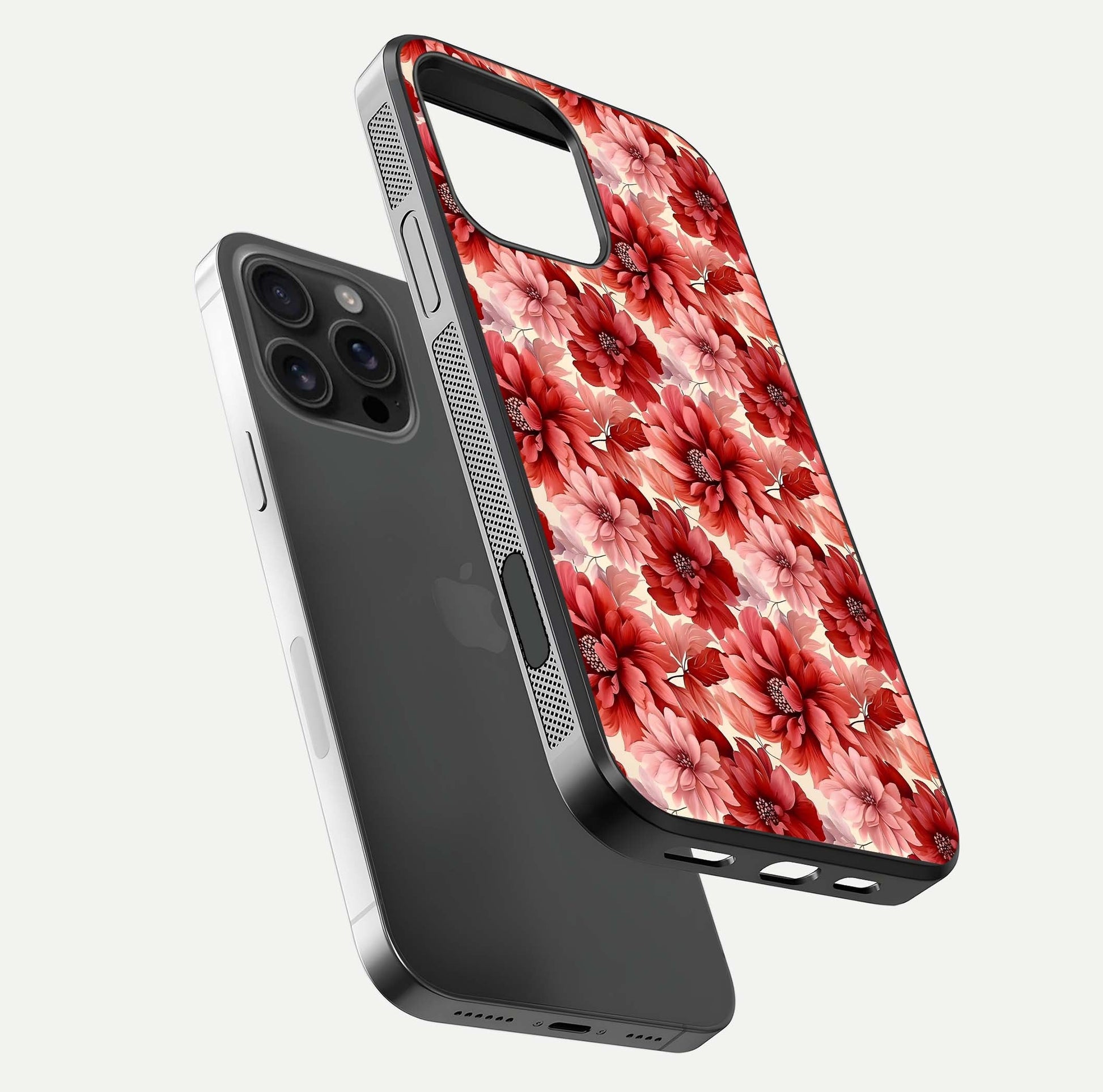 Crimson Love Petals Glass Case for iPhone 16 Pro Max floating mockup showing HD gloss and vivid detail