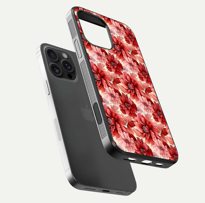 Crimson Love Petals Glass Case for iPhone 16 Pro Max floating mockup showing HD gloss and vivid detail