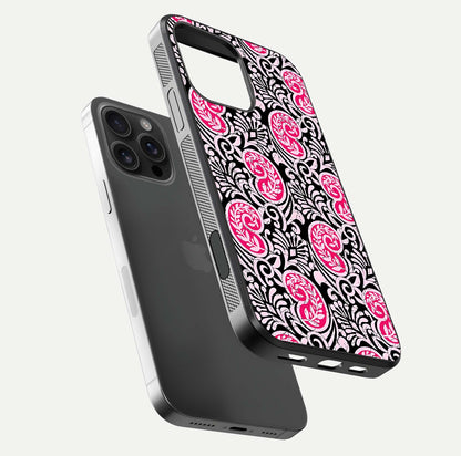 Crimson Paisley Charm Glass Case for iPhone 16 Pro Max floating mockup showing gloss shine and texture clarity