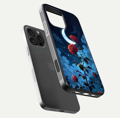Crimson Rose Moon Glass Case for iPhone 16 Pro Max floating mockup showing HD shine and elegant contrast