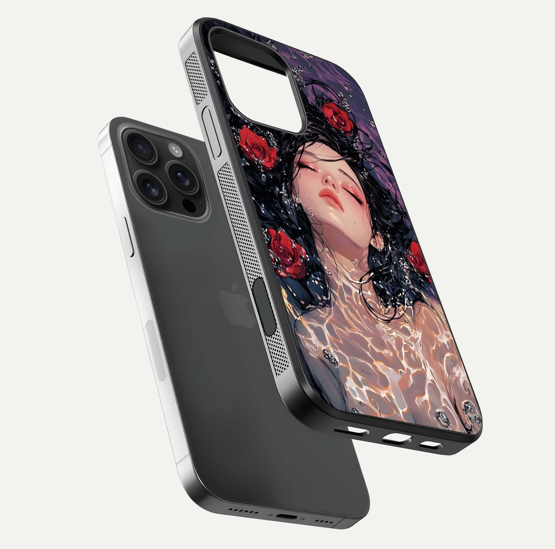 Crimson Rose Serenity Glass Case for iPhone 16 Pro Max floating mockup showing HD gloss and floral texture