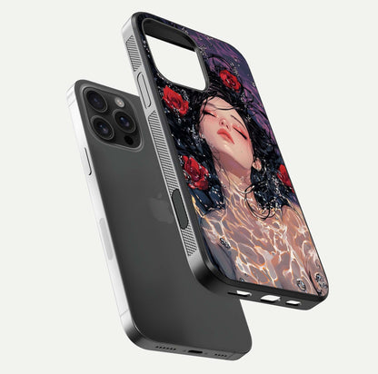 Crimson Rose Serenity Glass Case for iPhone 16 Pro Max floating mockup showing HD gloss and floral texture