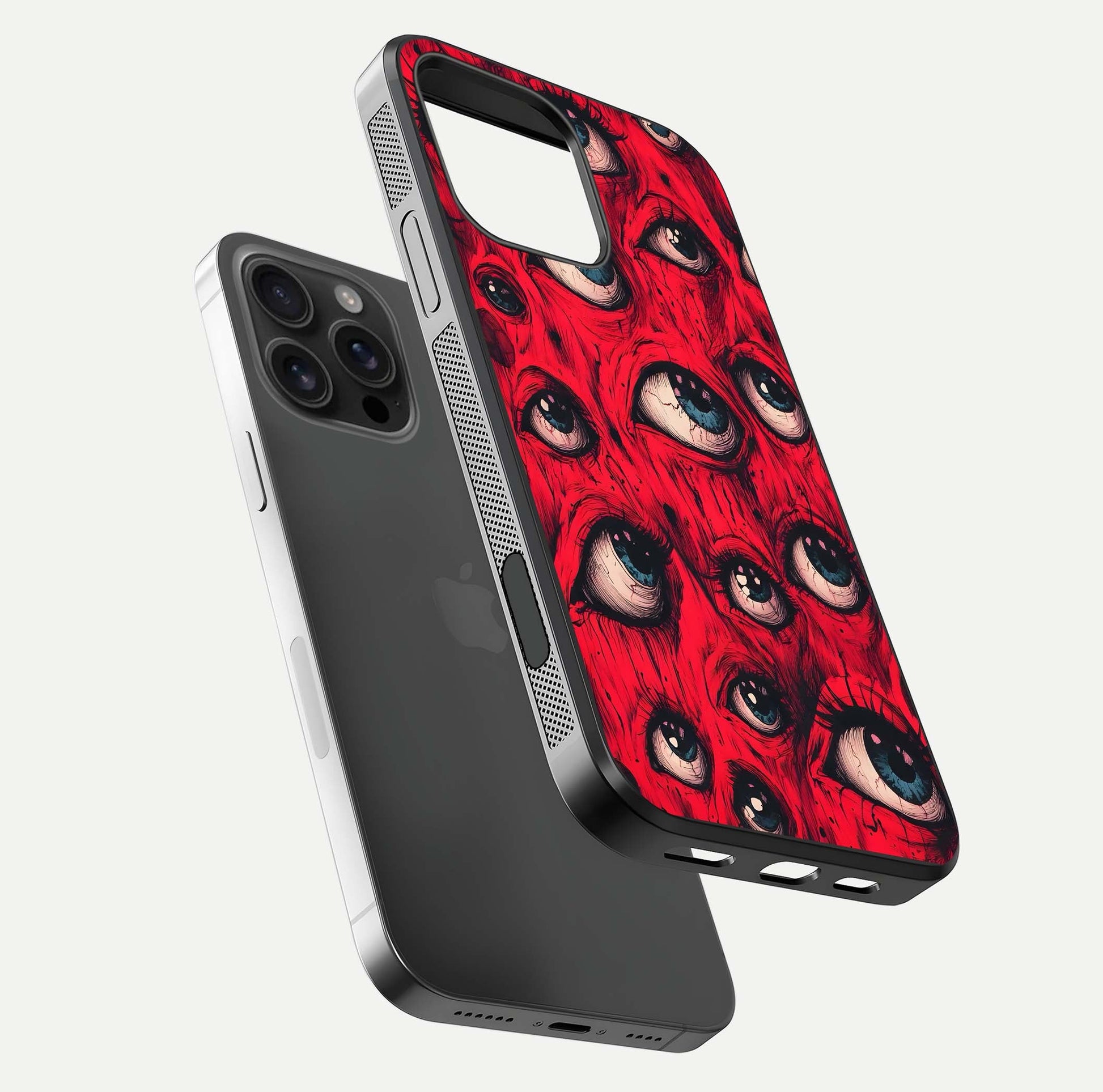 Crimson Watch Eyes Glass Case for iPhone 16 Pro Max floating mockup showing HD polish and bright gloss