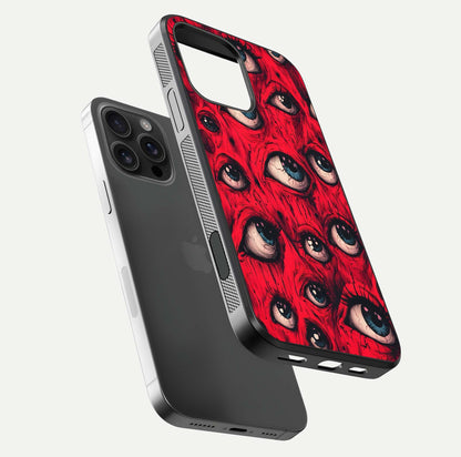 Crimson Watch Eyes Glass Case for iPhone 16 Pro Max floating mockup showing HD polish and bright gloss