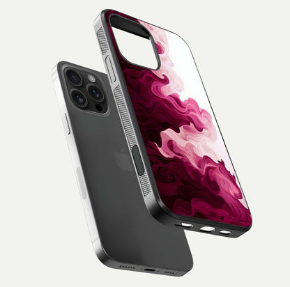 Crimson Wave Flow Glass Case for iPhone 16 Pro Max floating mockup showing gloss shine and smooth edge