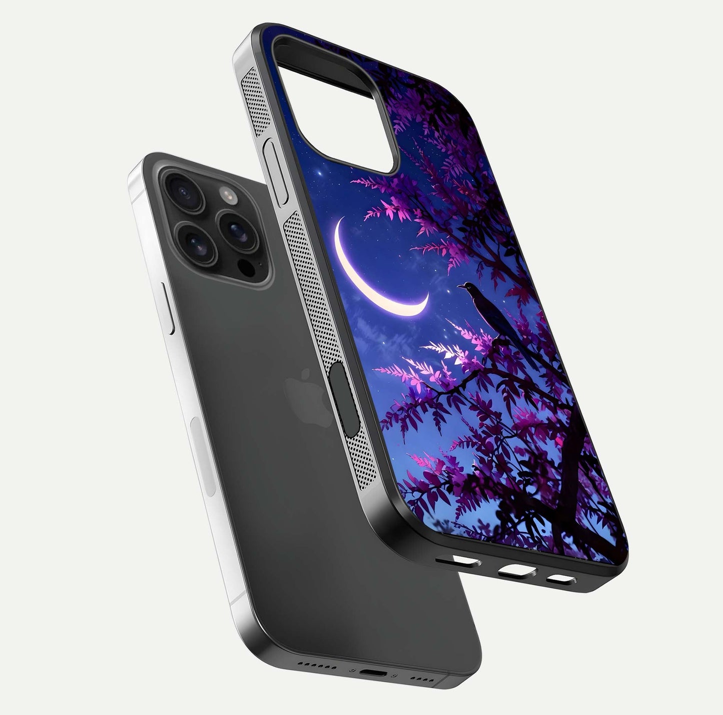 Crow & Moon Scenery Glass Case for iPhone 16 Pro Max floating mockup showing HD gloss texture and soft moonlight glow