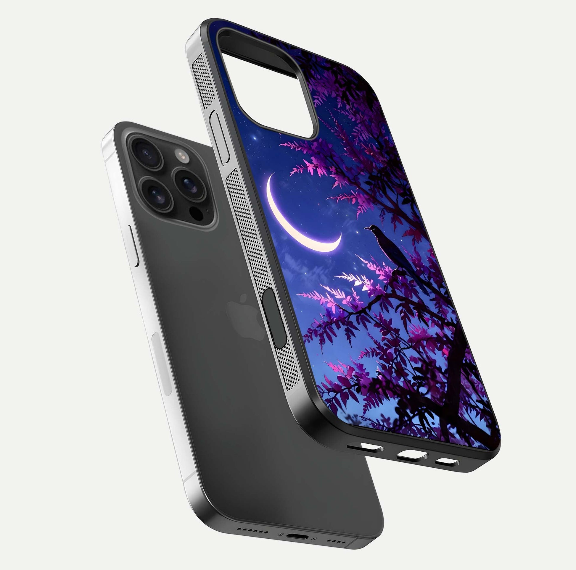 Crow & Moon Scenery Glass Case for iPhone 16 Pro Max floating mockup showing HD gloss texture and soft moonlight glow