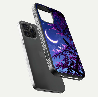 Crow & Moon Scenery Glass Case for iPhone 16 Pro Max floating mockup showing HD gloss texture and soft moonlight glow
