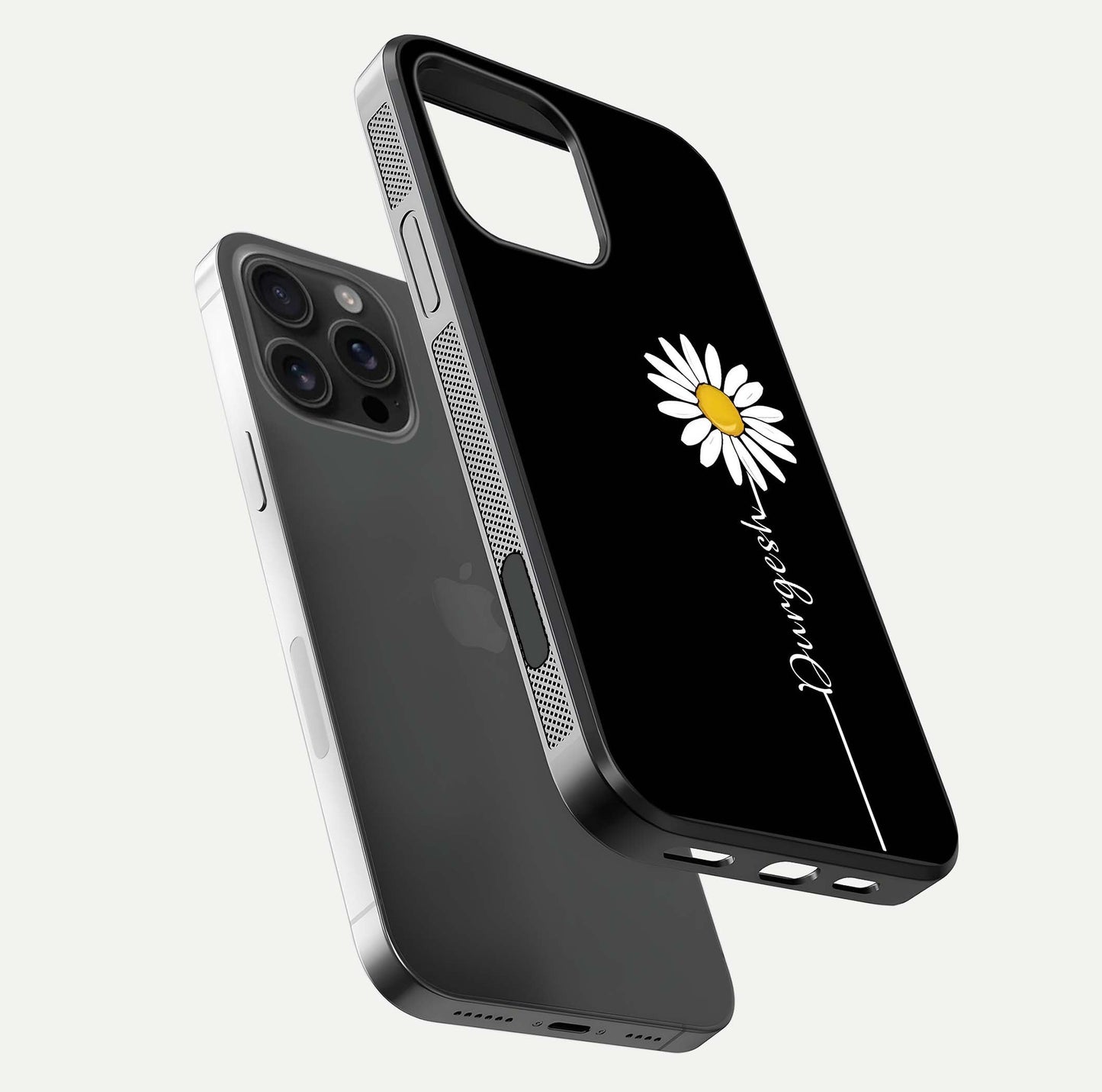 Custom Name White Flower Glass Case for iPhone 16 Pro Max floating mockup displaying HD gloss and delicate texture