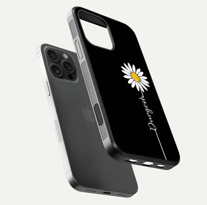 Custom Name White Flower Glass Case for iPhone 16 Pro Max floating mockup displaying HD gloss and delicate texture