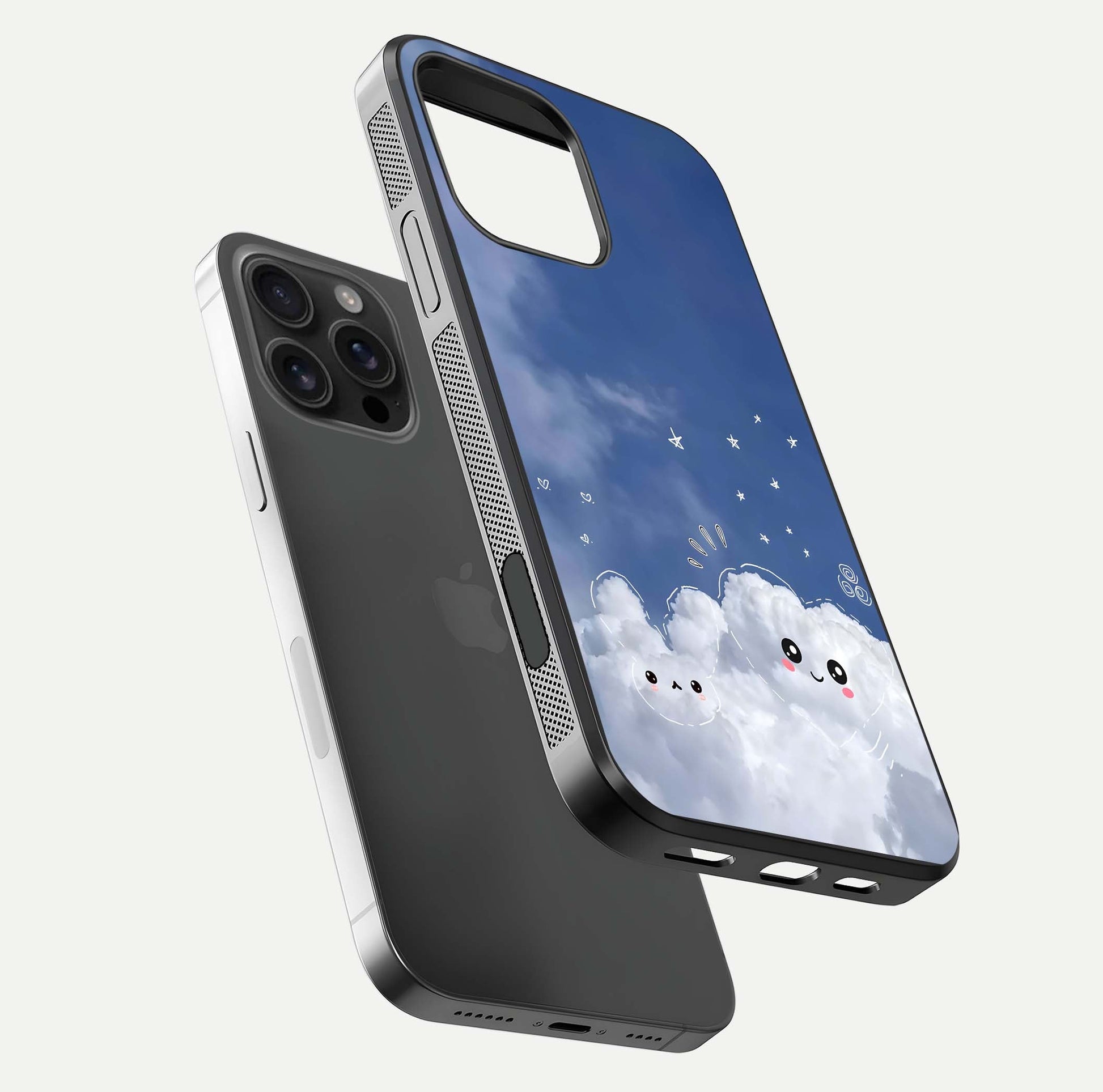 Cute Blossom Cloud Glass Case for iPhone 16 Pro Max floating mockup showing HD shine and soft gradient finish