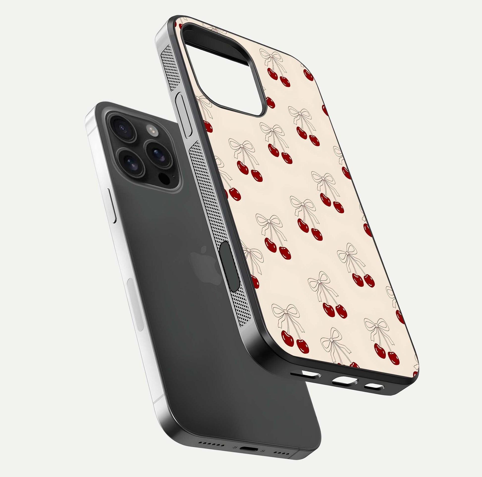 Cute Cherry Pattern Glass Case for iPhone 16 Pro Max floating mockup showing HD gloss shine and clear tones