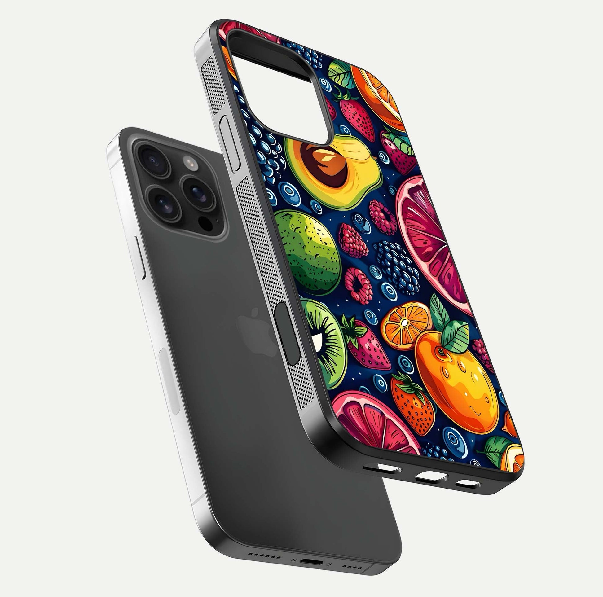 Cute Fruits Art Glass Case for iPhone 16 Pro Max floating mockup showing gloss brightness and vivid artwork