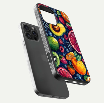 Cute Fruits Art Glass Case for iPhone 16 Pro Max floating mockup showing gloss brightness and vivid artwork