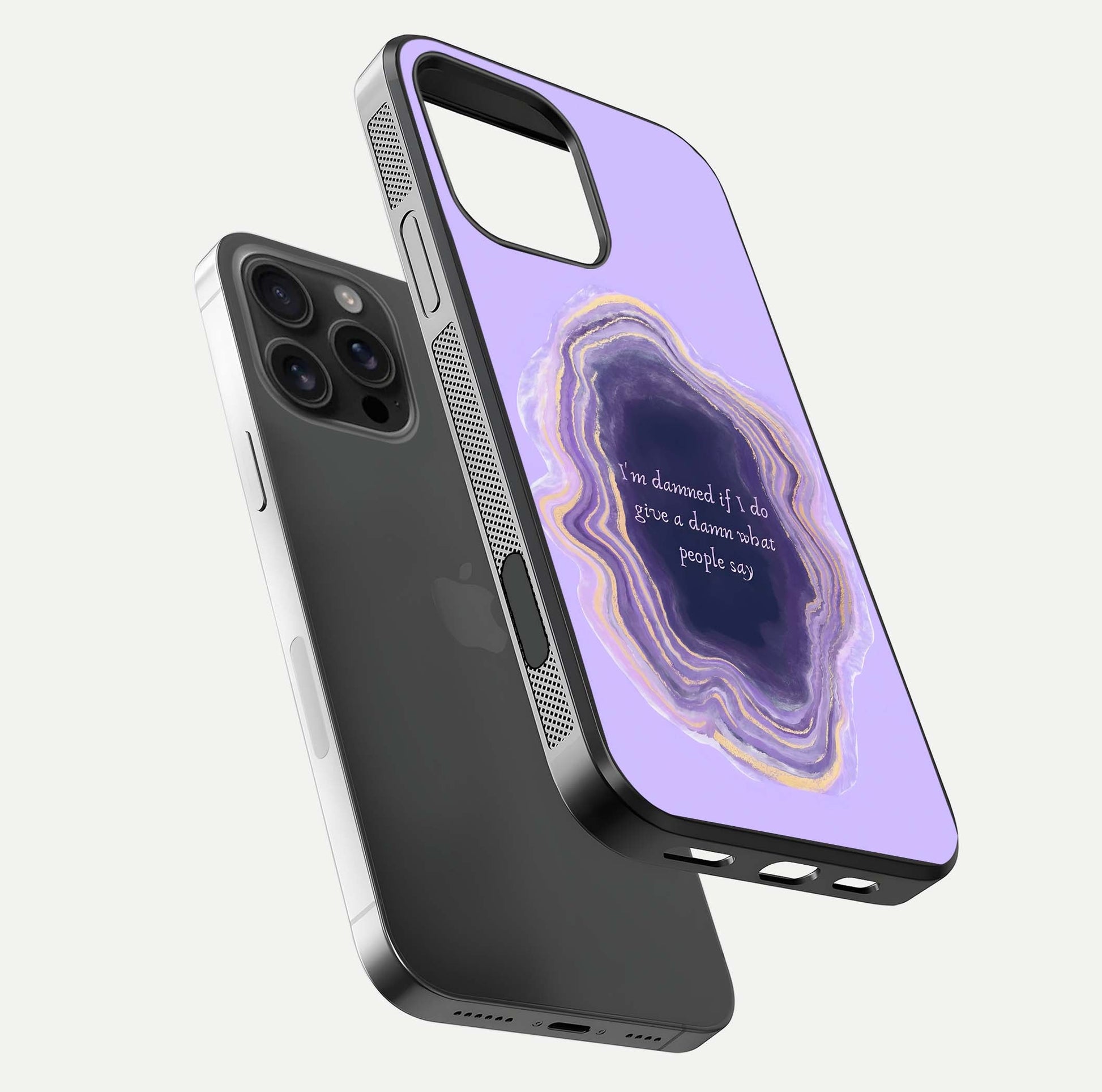 Damned People Quote Glass Case for iPhone 16 Pro Max floating mockup showing gloss reflection and text balance