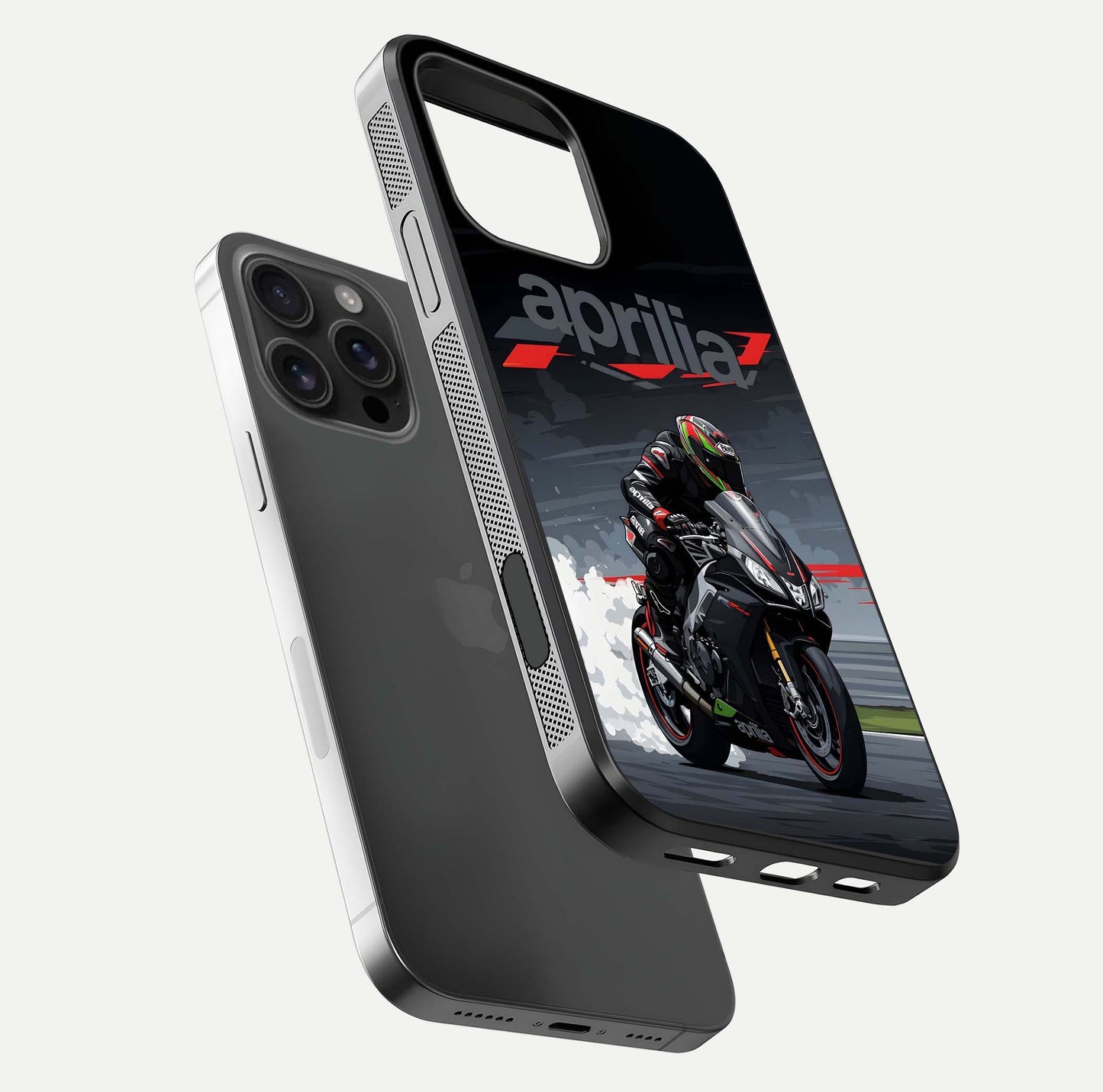 Dark Aprilla Glass Case for iPhone 16 Pro Max floating mockup showing glossy contrast and texture clarity