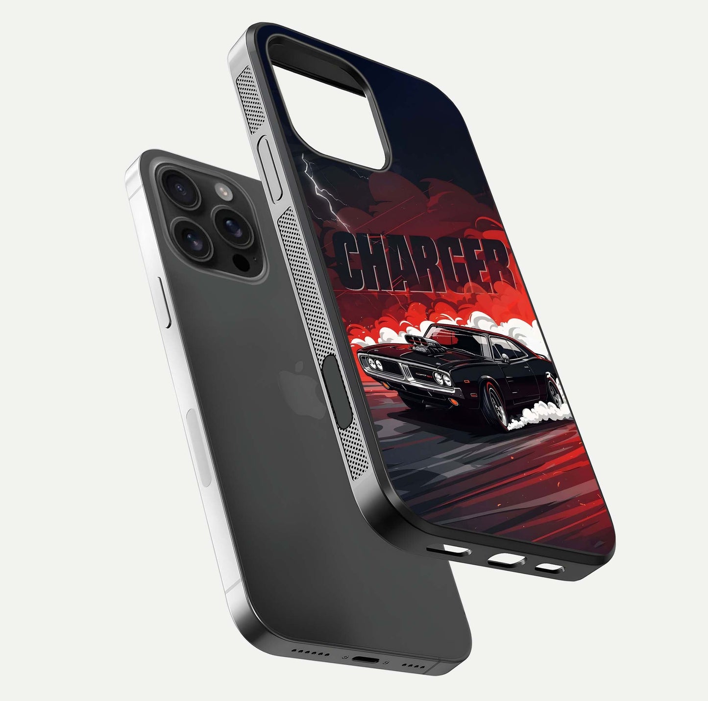 Dark Charger Fury Glass Case for iPhone 16 Pro Max floating mockup showing reflection depth and shiny surface
