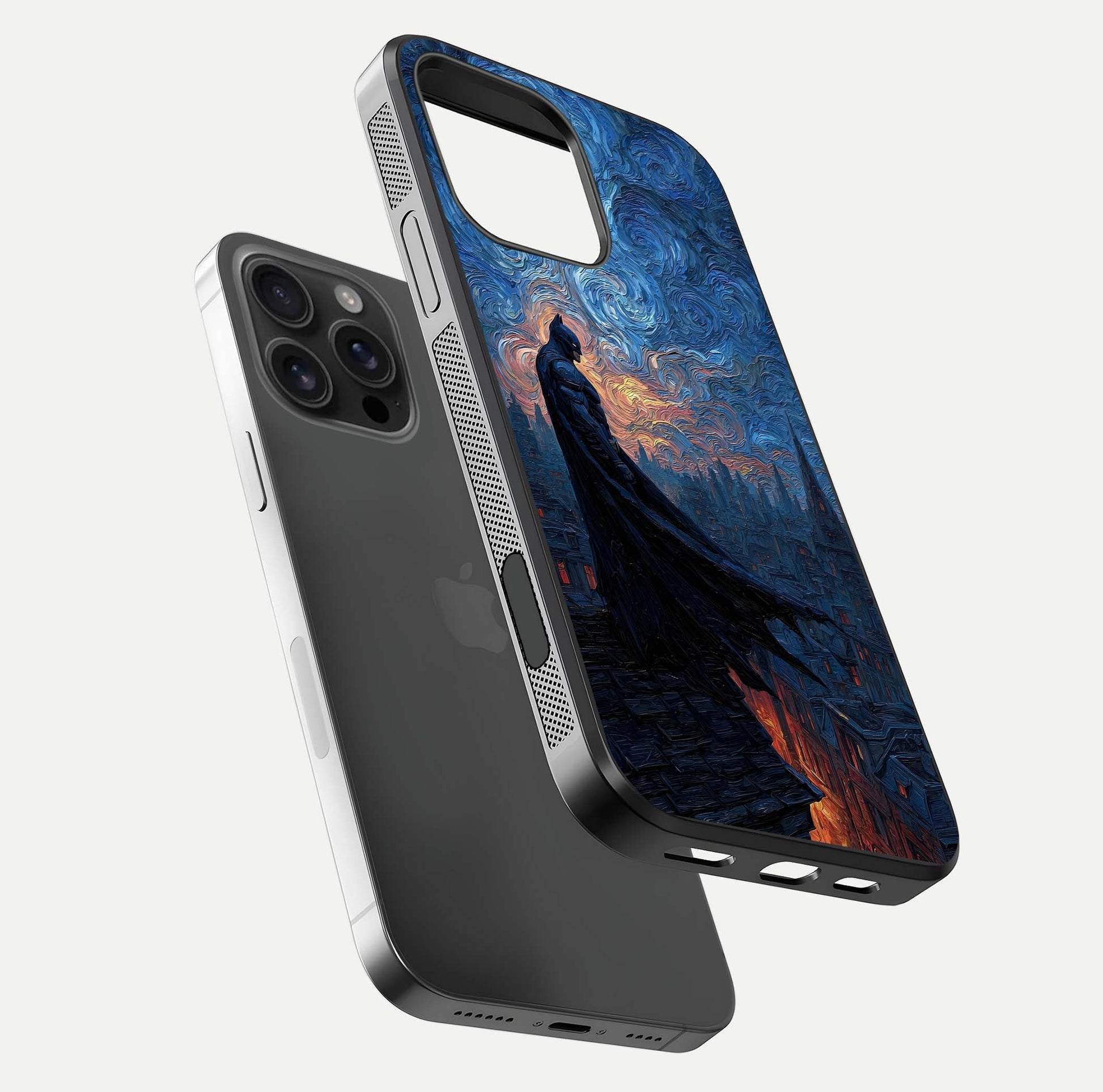 Dark Knight Dusk Glass Case for iPhone 16 Pro Max floating mockup showing glossy depth and cinematic lighting