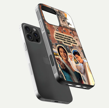 Desi Retro Vibes Glass Case for iPhone 16 Pro Max floating mockup showing shine polish and vivid tones