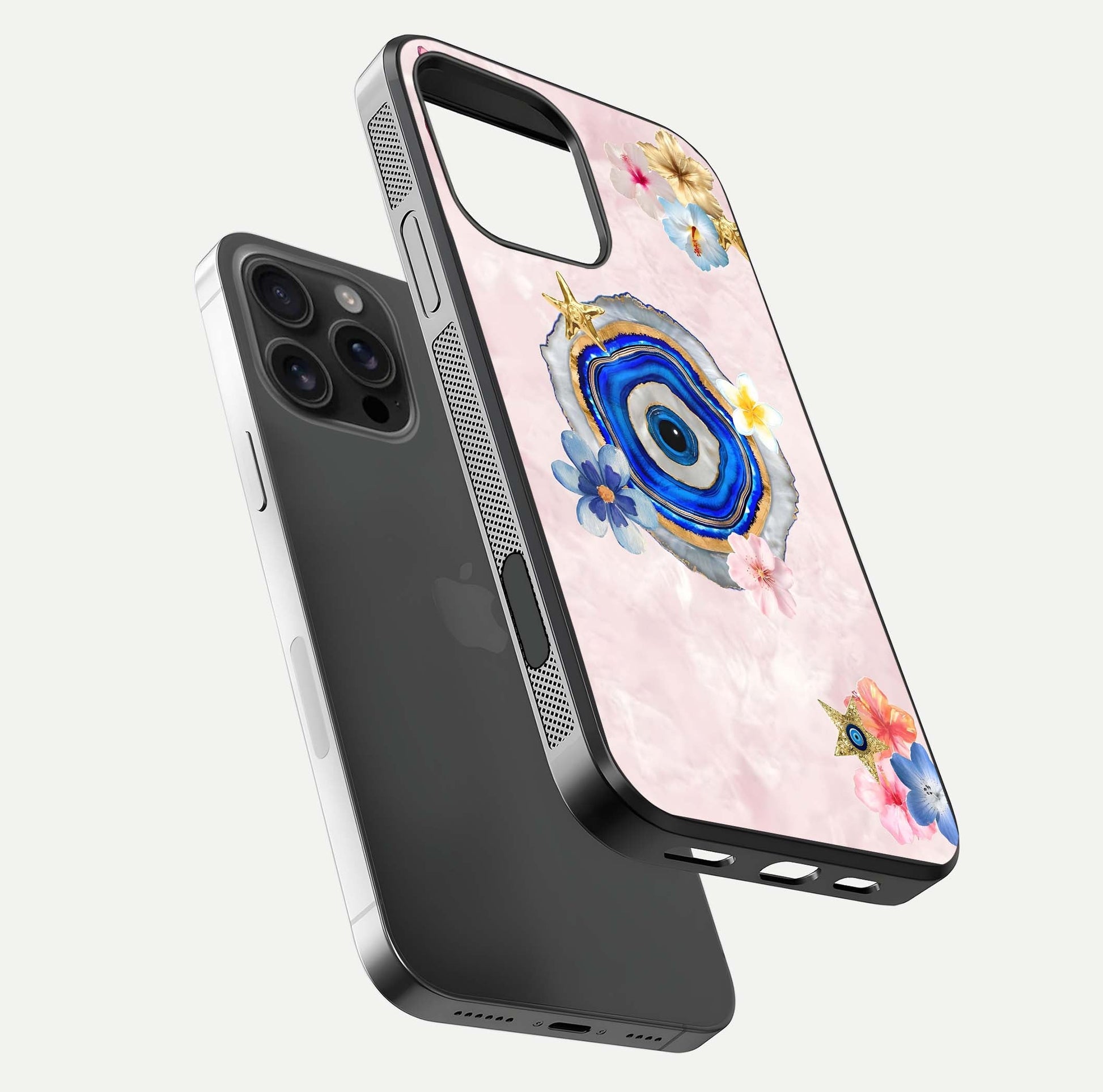 Divine Aura Bloom Glass Case for iPhone 16 Pro Max floating mockup showing gloss texture and elegant design