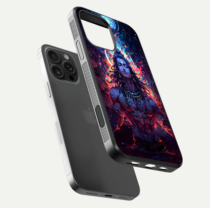 Divine Fire Shiv Glass Case for iPhone 16 Pro Max floating mockup showing glow texture and gloss finish