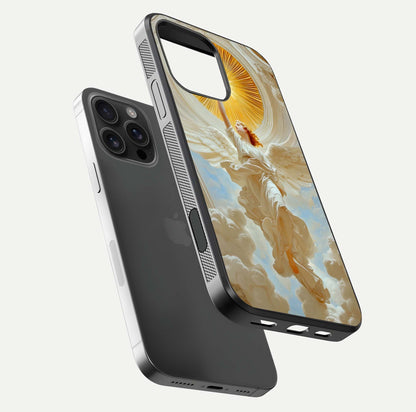 Divine Light Angel Glass Case for iPhone 16 Pro Max floating mockup showing gloss texture and radiant light