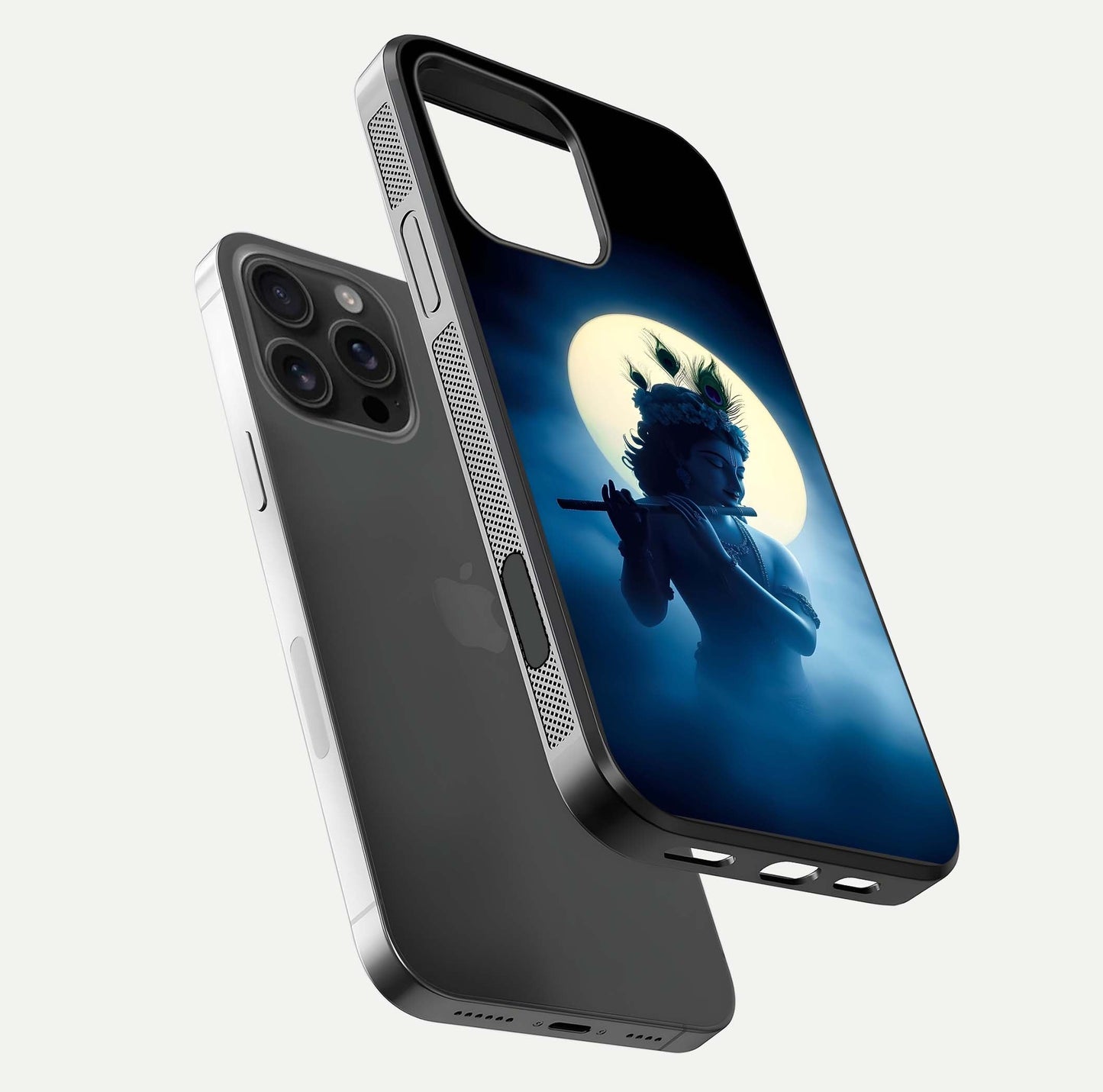 Divine Moon Flute Glass Case for iPhone 16 Pro Max floating mockup showing HD gloss and luminous texture