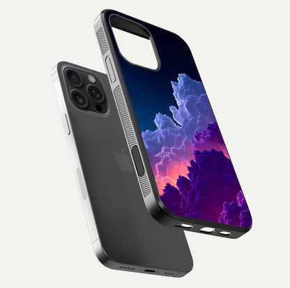 Dreamy Cloud Skies Glass Case for iPhone 16 Pro Max floating mockup showing glossy depth and delicate tone