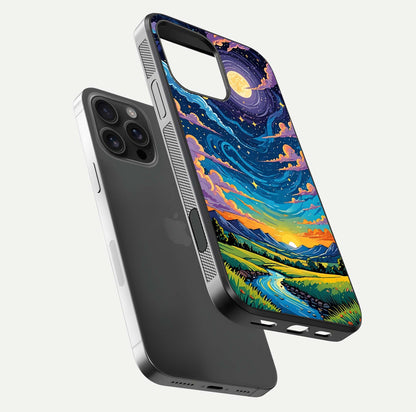 Dreamy Night Landscape Glass Case for iPhone 16 Pro Max floating mockup showing glossy depth and serene color
