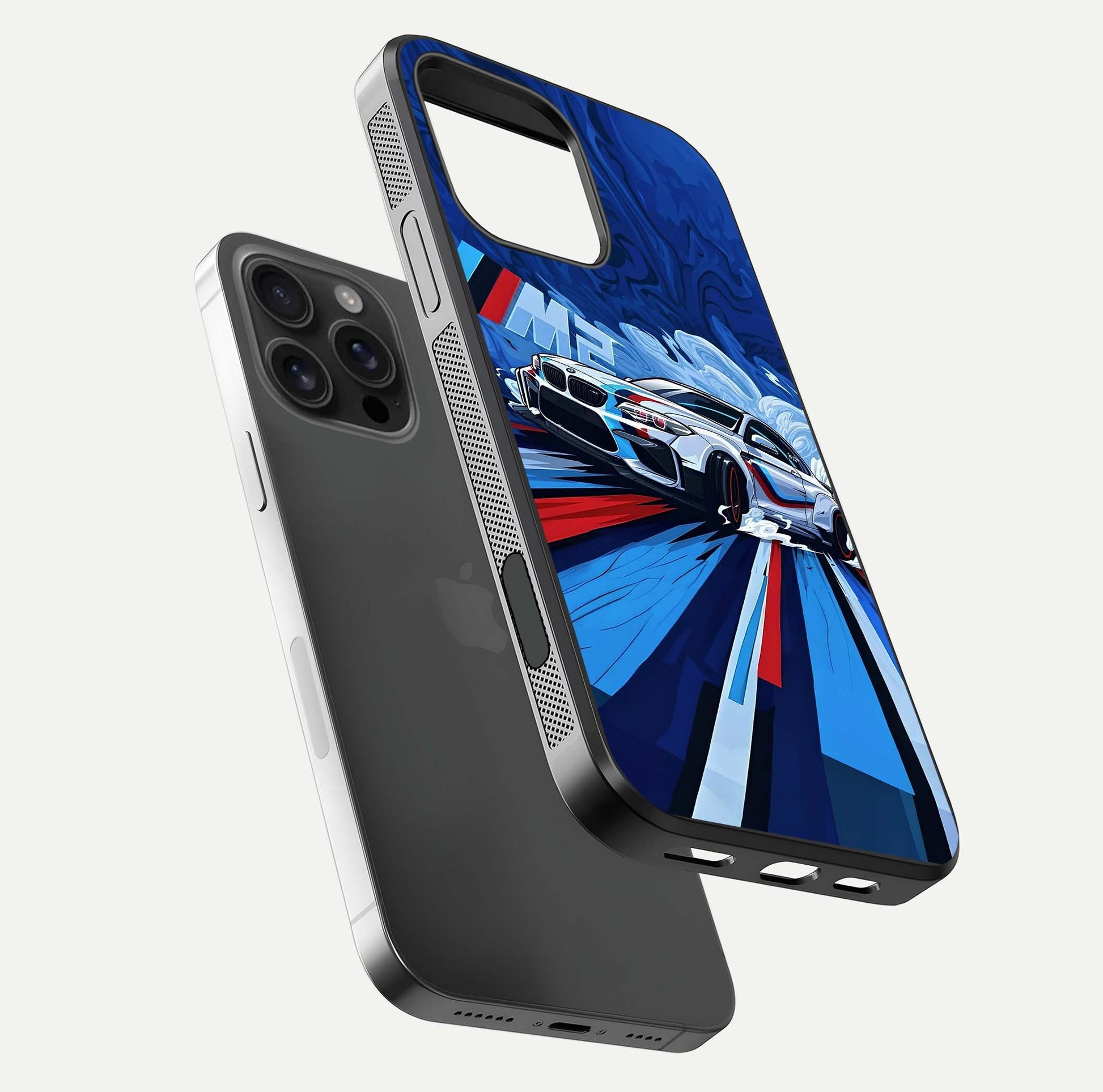 Drift Power Rush Glass Case for iPhone 16 Pro Max floating mockup showing gloss polish and speed-theme design