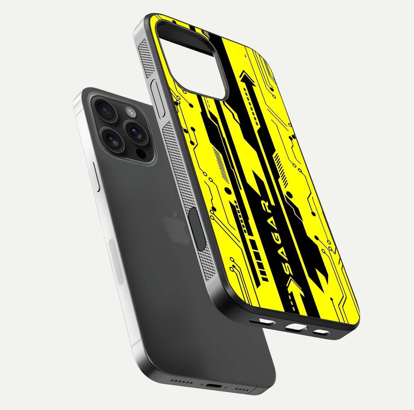 Electric Pulse CYBERPUNK Custom Name Glass Case for iPhone 16 Pro Max floating mockup showing HD gloss and vibrant cyberpunk glow