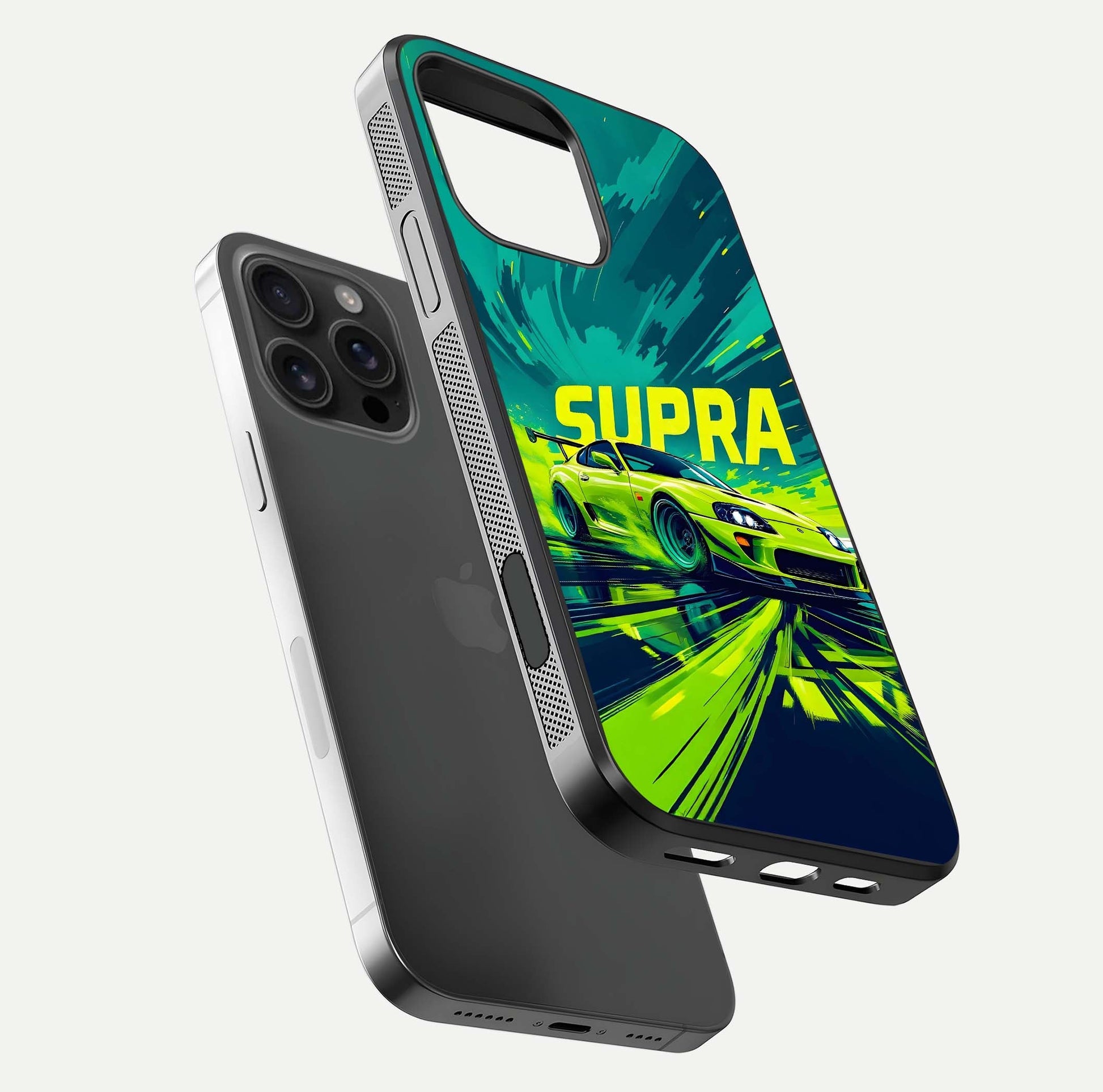 Electric Supra Thunder Glass Case for iPhone 16 Pro Max floating mockup showing gloss depth and energy glow