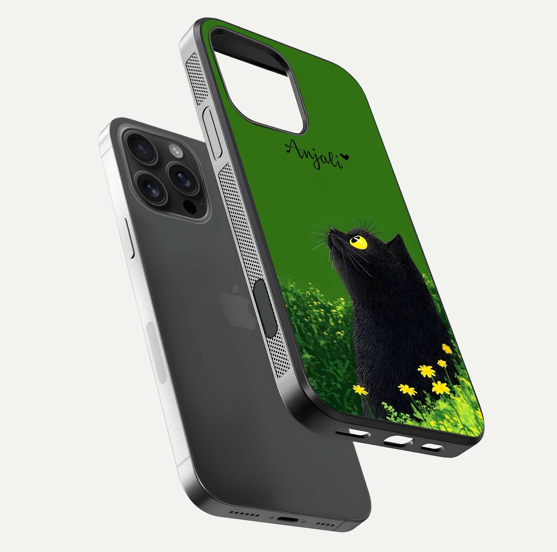 Emerald Cat Custom Name Glass Case for iPhone 16 Pro Max floating mockup showing HD gloss and soft gradient