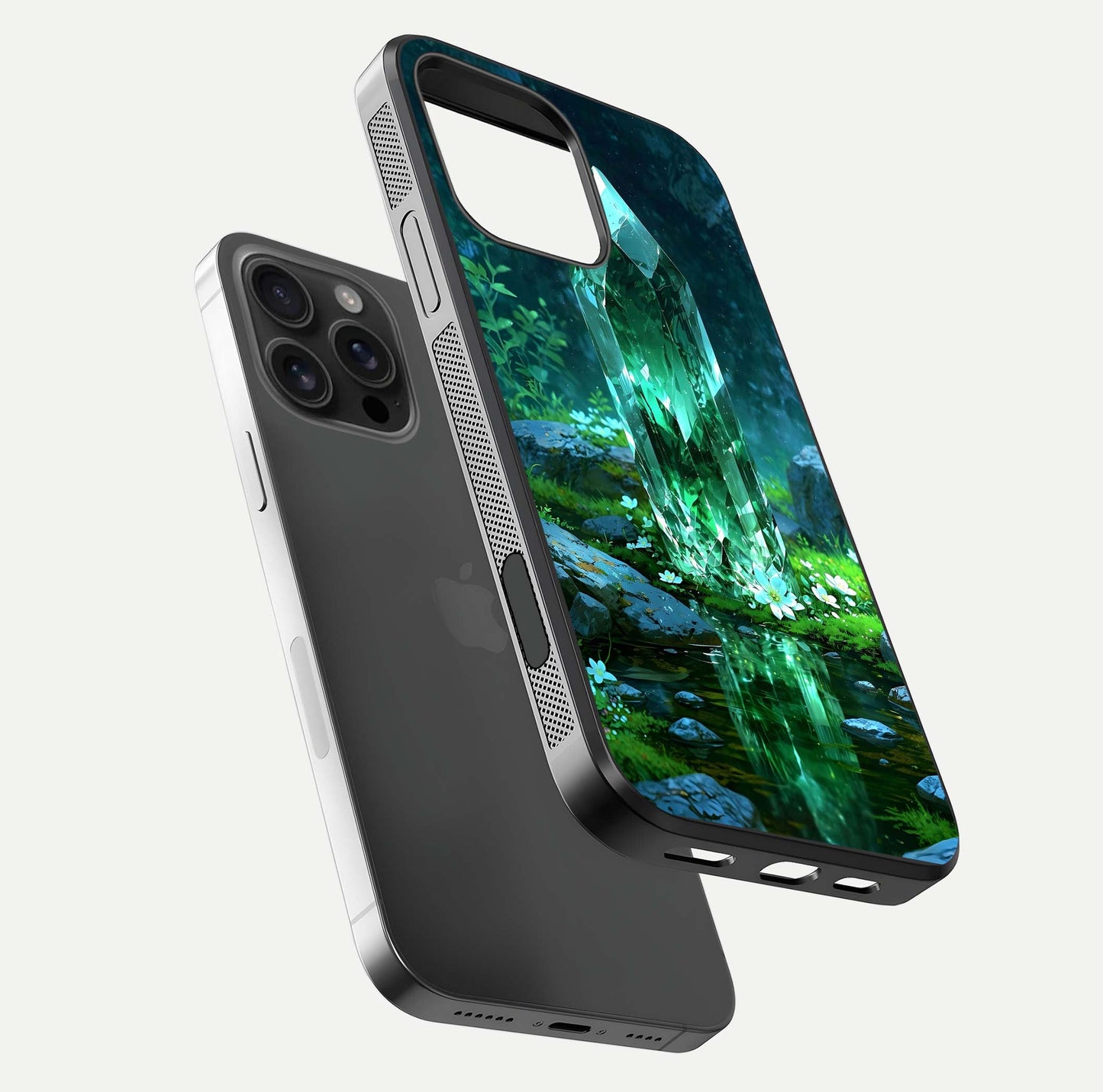 Emerald Light Crystal Glass Case for iPhone 16 Pro Max floating mockup showing glossy finish and radiant light pattern
