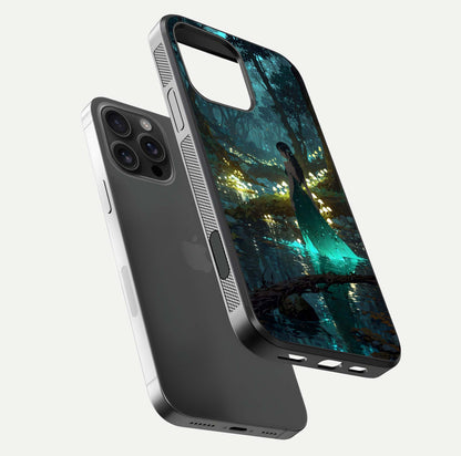 Enchanted Forest Glow Glass Case for iPhone 16 Pro Max floating mockup showing gloss polish and fantasy vibe
