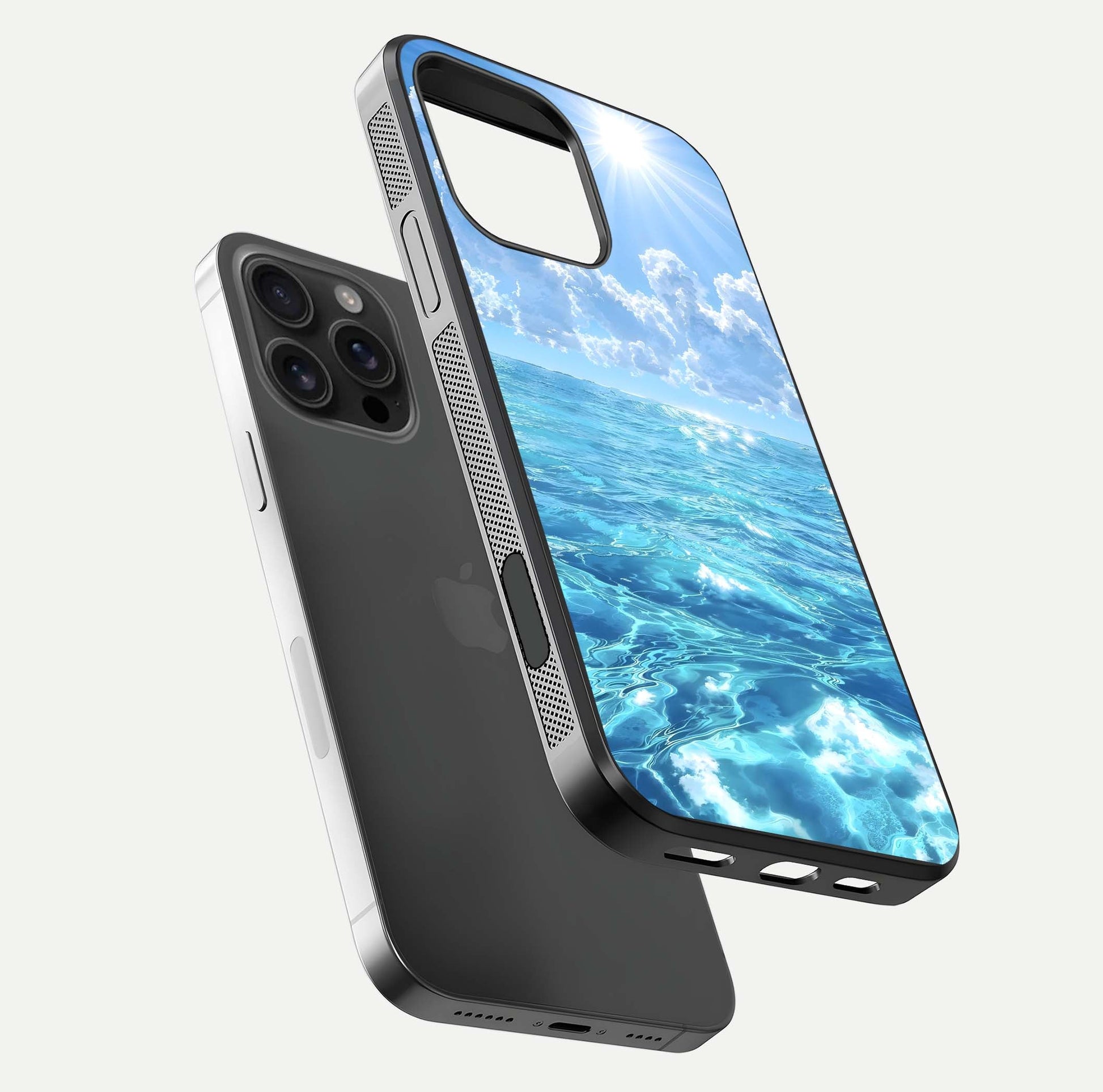 Endless Ocean Horizon Glass Case for iPhone 16 Pro Max floating mockup showing HD gloss and tranquil color