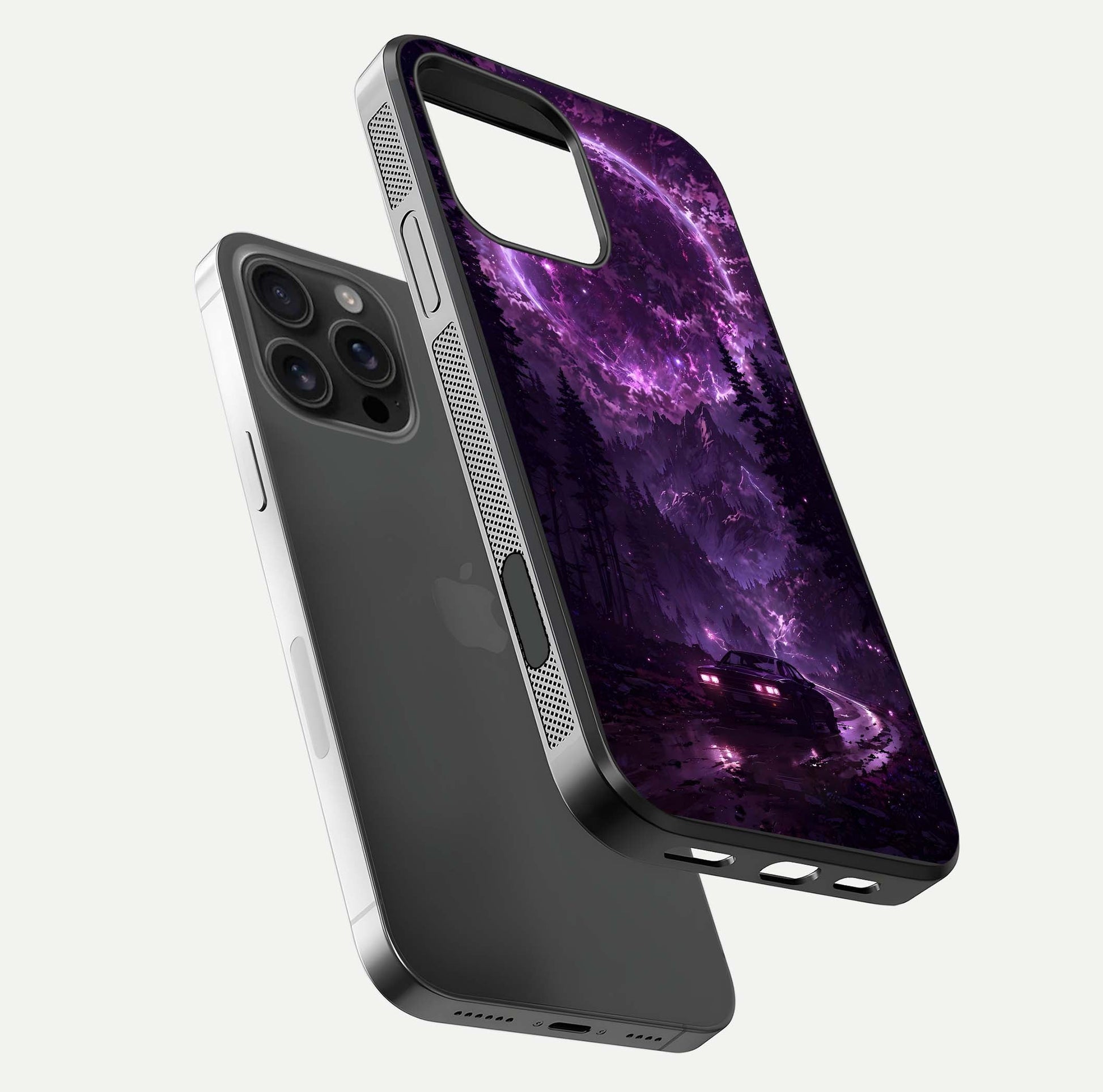 Eternal Cosmic Drive Glass Case for iPhone 16 Pro Max floating mockup showing glossy polish and vivid glow