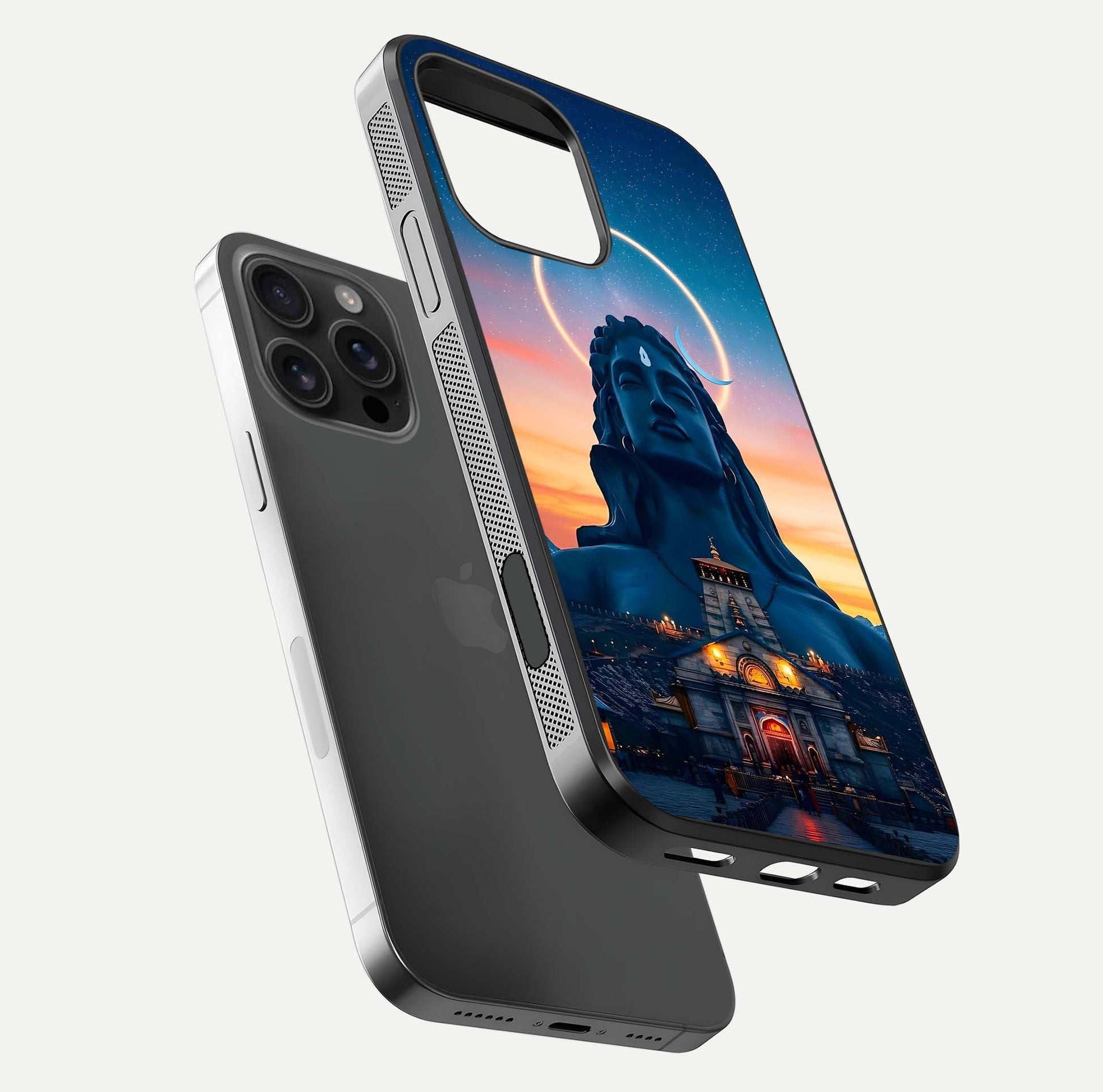 Eternal Shiva Aura Glass Case for iPhone 16 Pro Max floating mockup showing gloss texture and spiritual glow