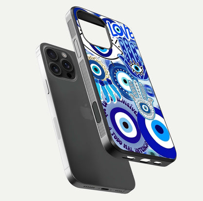 Evil Eyes Dream Glass Case for iPhone 16 Pro Max floating mockup showing glossy shine and elegant pattern clarity