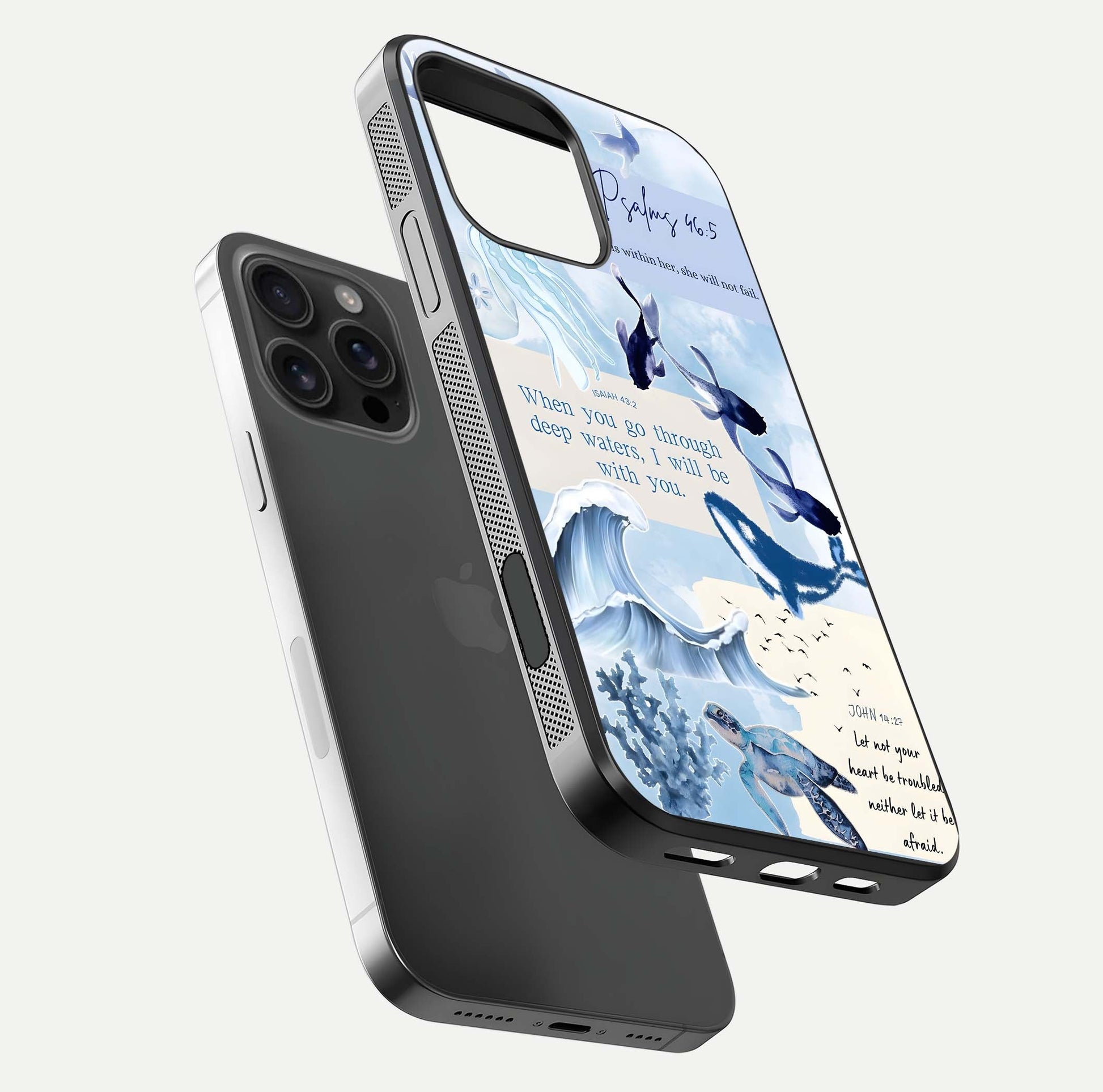 Faithful Ocean Promise Glass Case for iPhone 16 Pro Max floating mockup displaying glossy surface and vivid depth