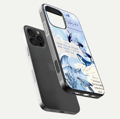 Faithful Ocean Promise Glass Case for iPhone 16 Pro Max floating mockup displaying glossy surface and vivid depth