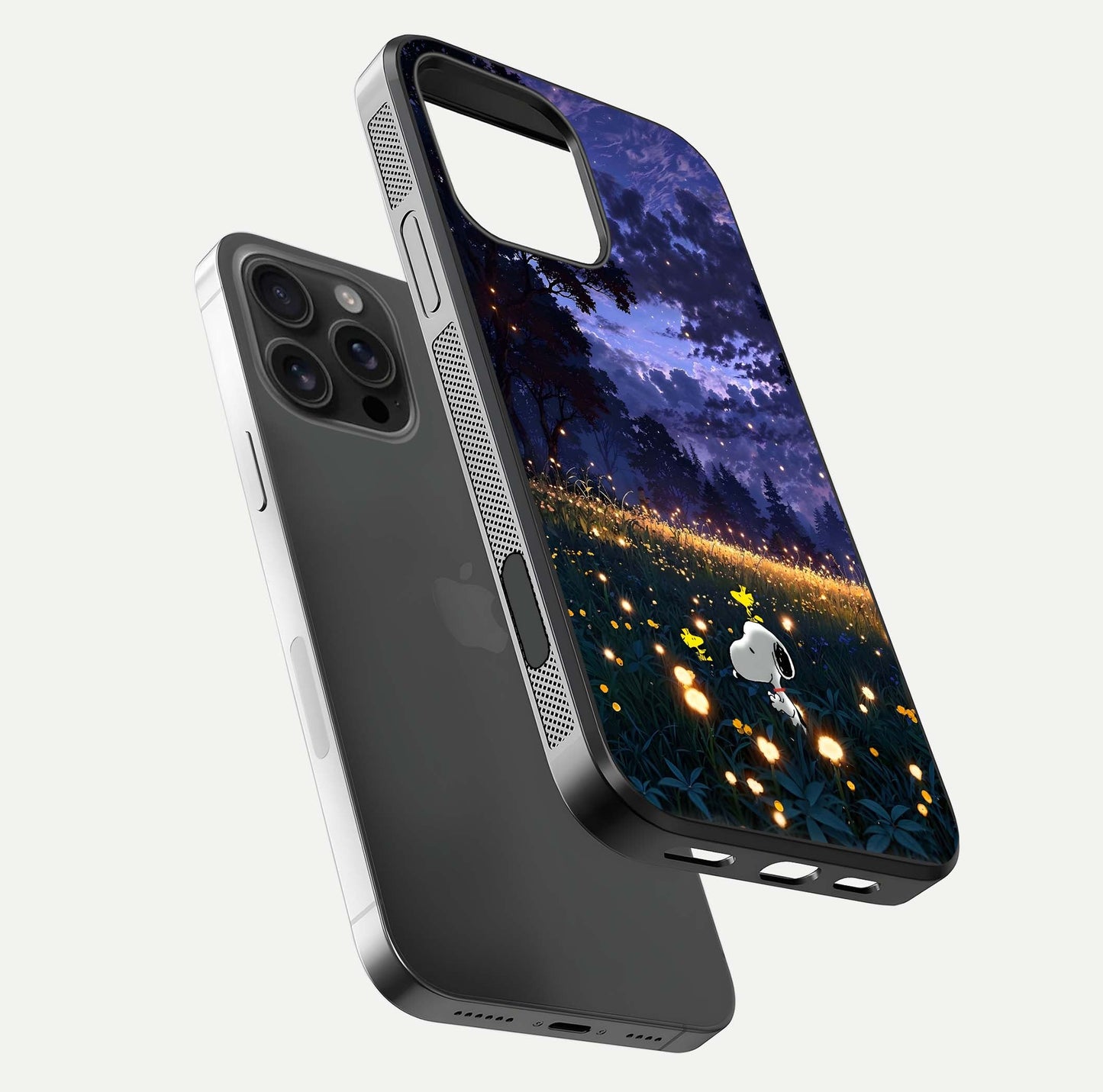 Firefly Meadow Magic Glass Case for iPhone 16 Pro Max floating mockup showing gloss polish and magical night hues