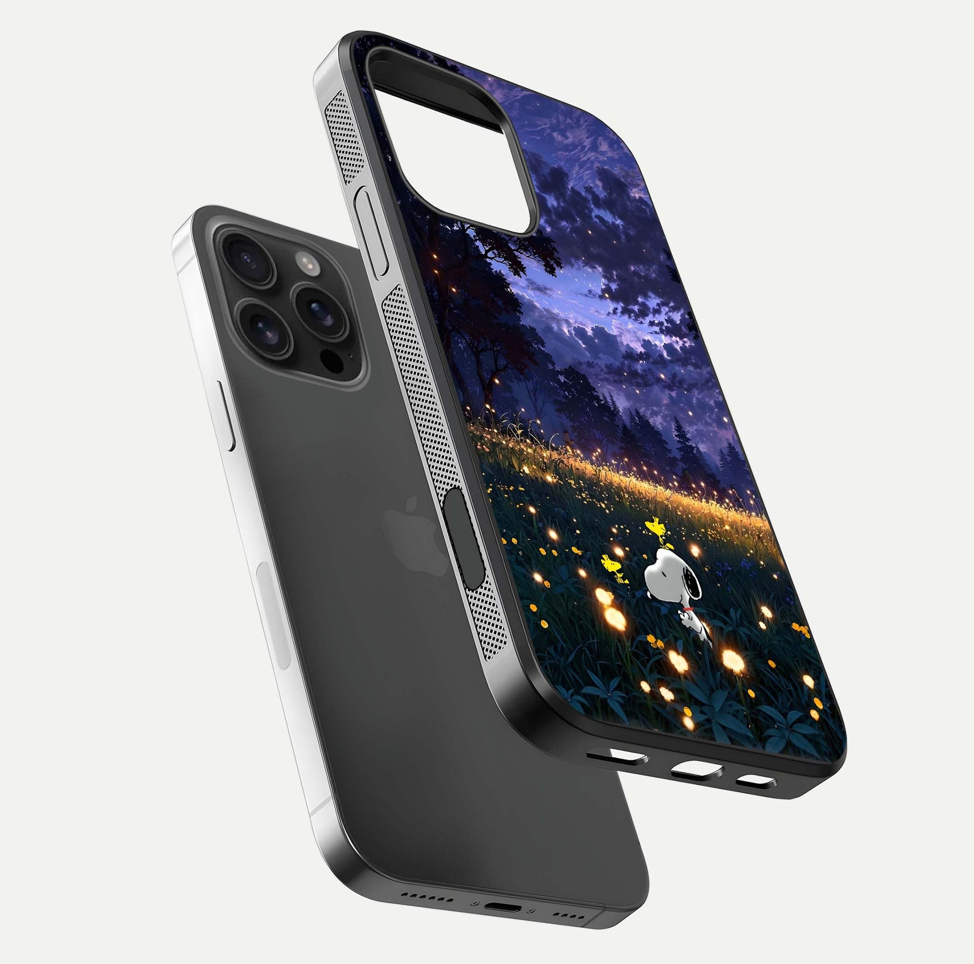 Firefly Meadow Magic Glass Case for iPhone 16 Pro Max floating mockup showing gloss polish and magical night hues