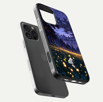 Firefly Meadow Magic Glass Case for iPhone 16 Pro Max floating mockup showing gloss polish and magical night hues