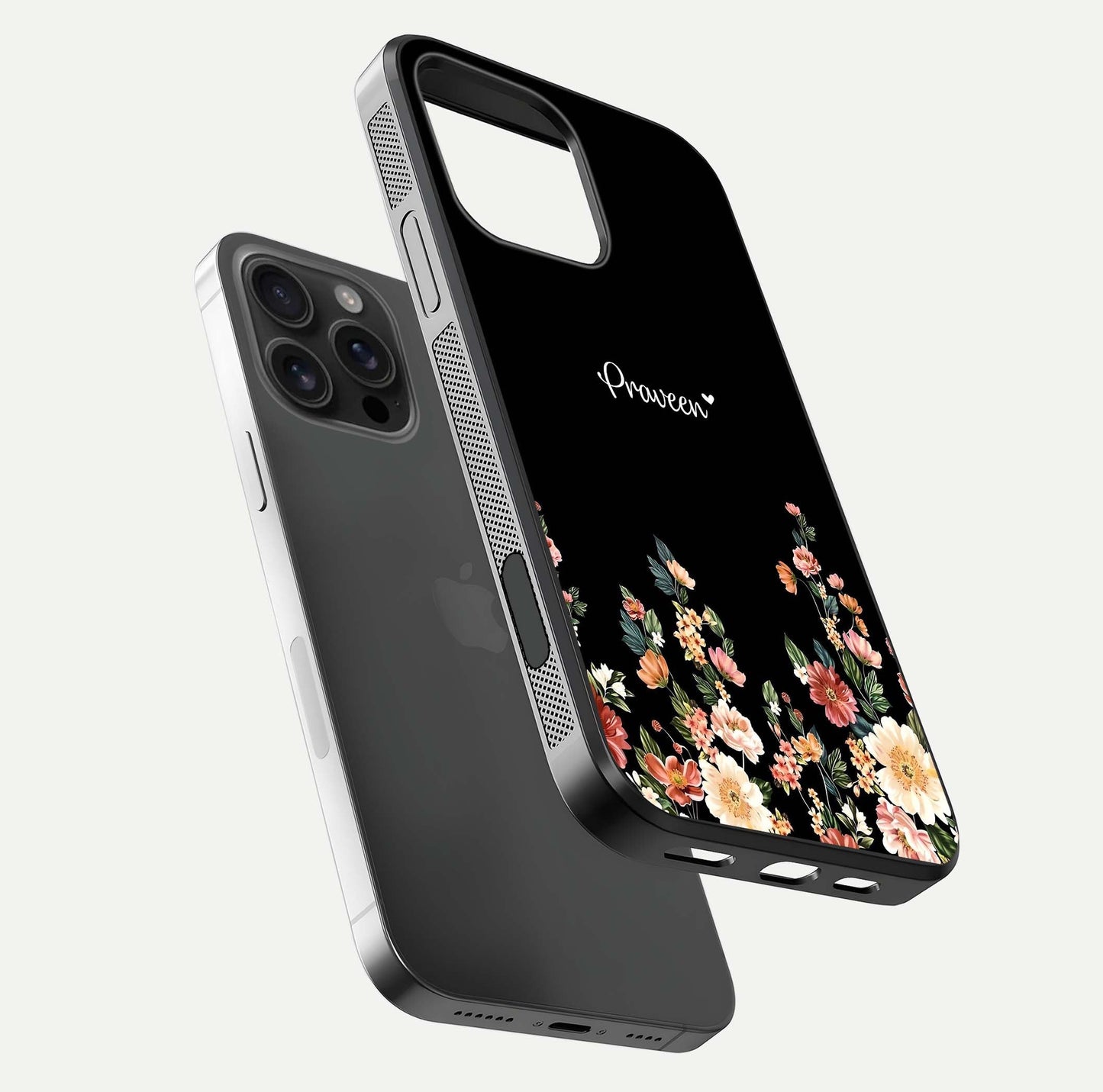 Floral Design Personalized Custom Name Glass Case for iPhone 16 Pro Max floating mockup showing reflection polish and vivid colors